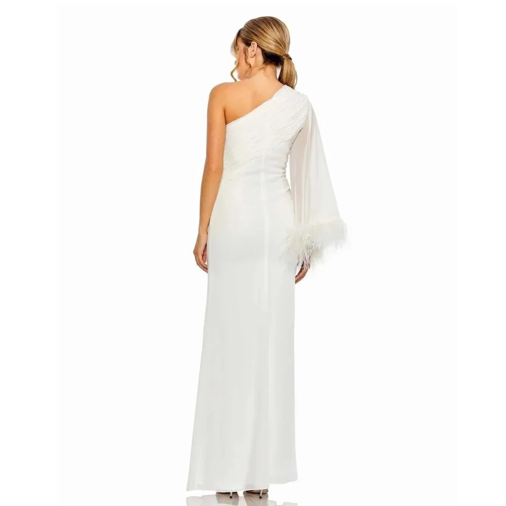 NWT Mac Duggal Feather Cuff One Shoulder Ruched Gown White 4 - Picture 5 of 9